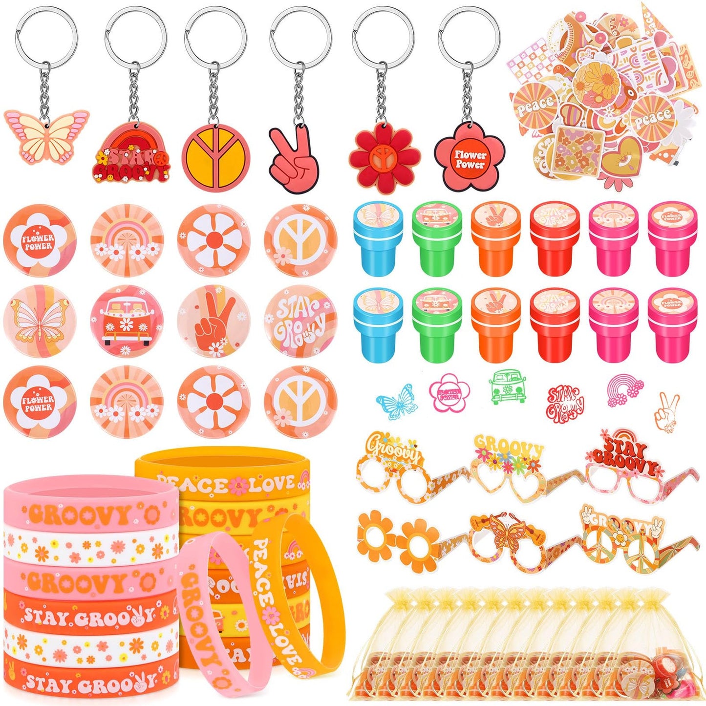 Retro Groove Party Pack - 122 Pcs Set of Silicone Wristbands, Keychains, Badges, Glasses, Stickers, Stampers & Gift Bags for Groovy Birthday & Baby Shower Celebrations