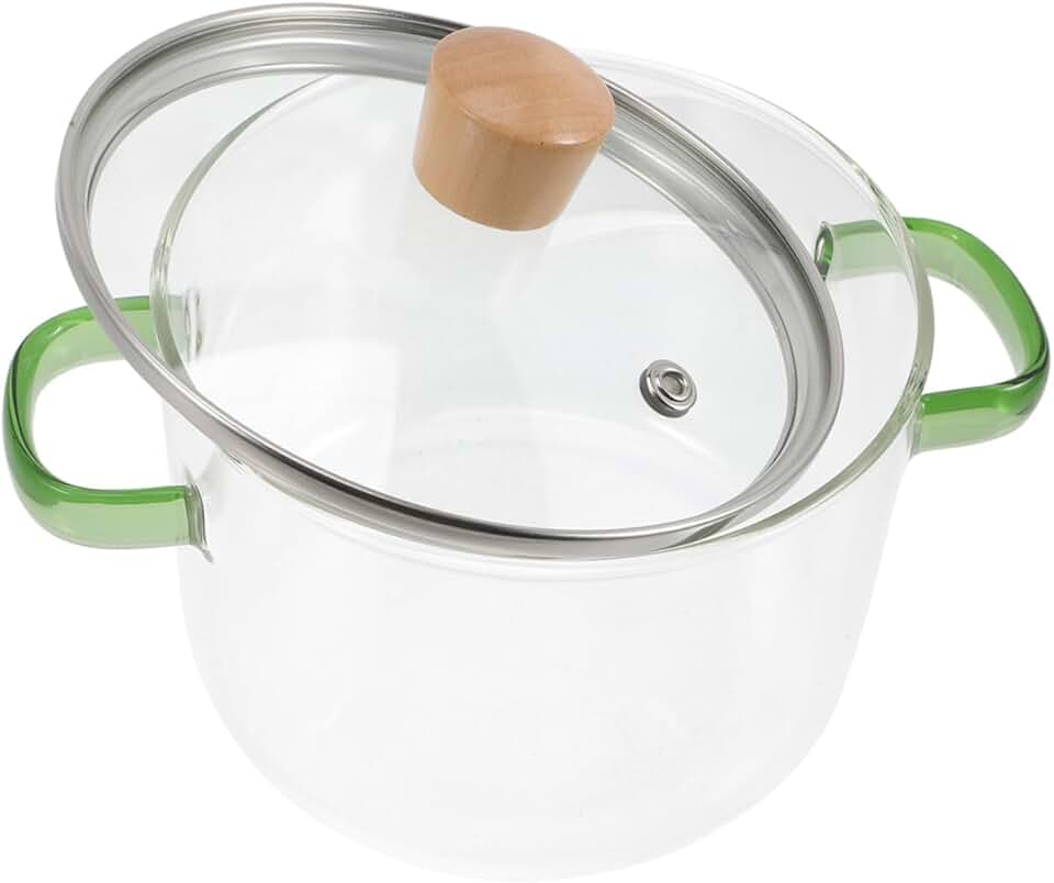 Clear glass soup and stew pot with lid and handles