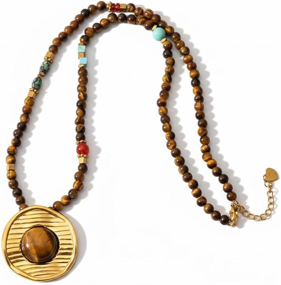 Boho Tiger Eye Beaded Necklace with Gold Pendant and Turquoise