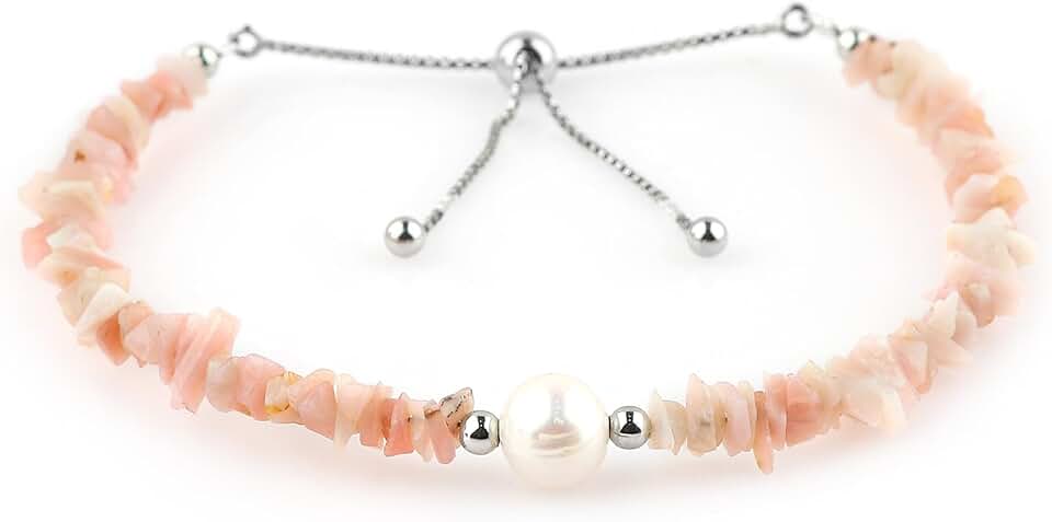 Natural Pink Opal Beads Slider Bolo Bracelet with Pearl and Crystals