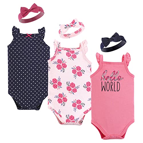 Sleeveless Bodysuit and Headband Set, Pink Navy Roses, 3-6 Months