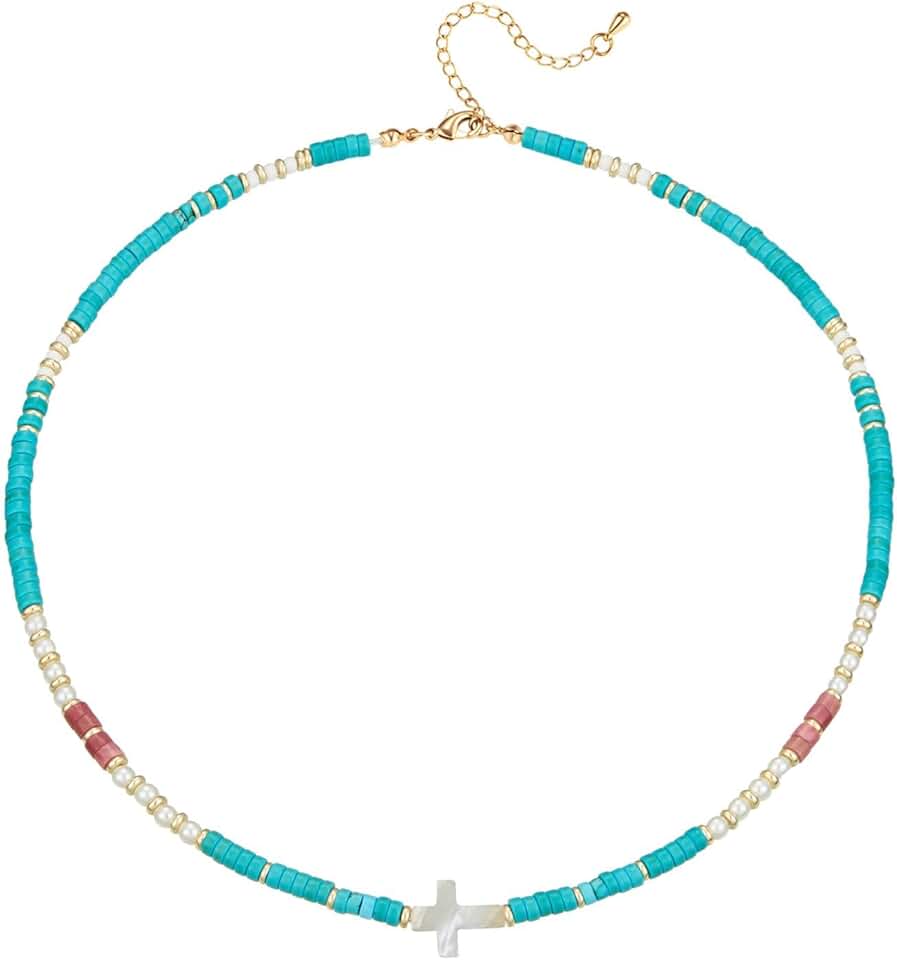 Beaded Cross Necklace with Turquoise and Pearl