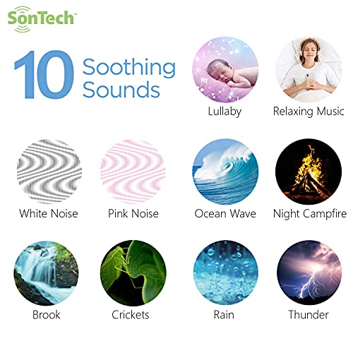 SonTech - White Noise Sound Machine - 10 Natural Soothing Sound Tracks Home, Office, Travel, Baby - Multiple Timer Settings - Battery or Adapter Charging Option