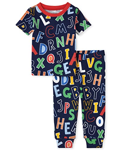 Uni  Baby and Toddler Short Sleeve Top and Pants Snug Fit Cotton 2 Piece Pajama Sets, Alphabet Print, 3-6 Months