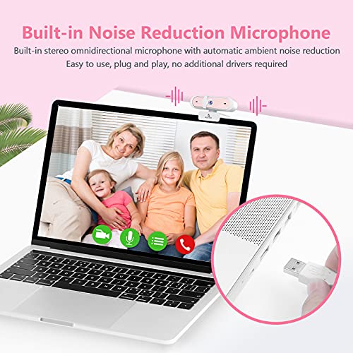 N660P 1080P 60FPS Webcam with Software Control, Dual Microphone & Cover, Autofocus, HD USB Computer Web Camera, for OBS/Zoom/Skype/FaceTime/Teams/Twitch, Pink
