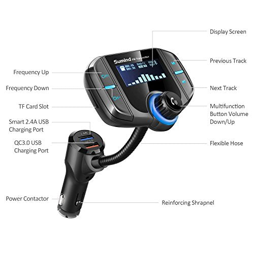 (Upgraded Version) Bluetooth FM Transmitter, Wireless Radio Adapter Hands-Free Car Kit with 1.7 Inch Display, QC3.0 and Smart 2.4A Dual USB Ports, AUX Input/Output, TF Card Mp3 Player