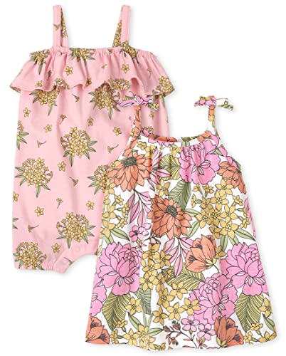Baby Girls Short Sleeve Bodysuit Dress, Floral/Pink 2 Pack, 12-18 Months