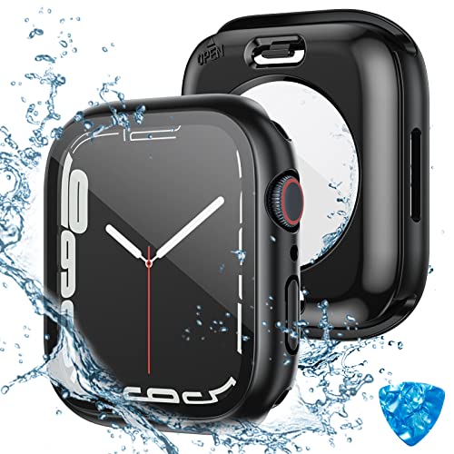 (2 in 1) for Waterproof Apple Watch Screen Protector Case Series 8 7 45mm Accessories, iWatch Protective PC Face Cover Built-in Tempered Glass Film, Front & Back Bumper for Women Men, 45 mm