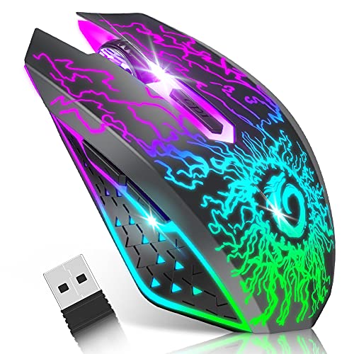 Wireless Gaming Mouse, Rechargeable Computer Mouse Mice with Colorful LED Lights, Silent Click, 2.4G USB Nano Receiver, 3 Level DPI for PC Gamer Laptop Desktop Chromebook Mac -Black