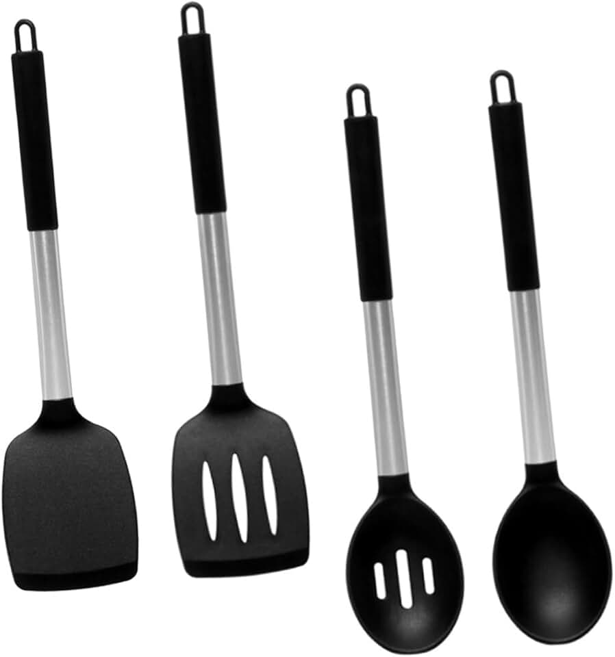 Heat-resistant silicone cooking utensils with stainless steel handles