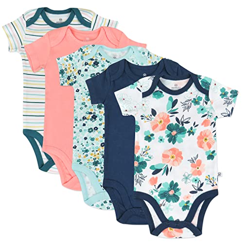 Cotton Short Sleeve Bodysuits Multi Pack, 5 Pack Dreamy Floral Aqua Blue, 3-6 Months
