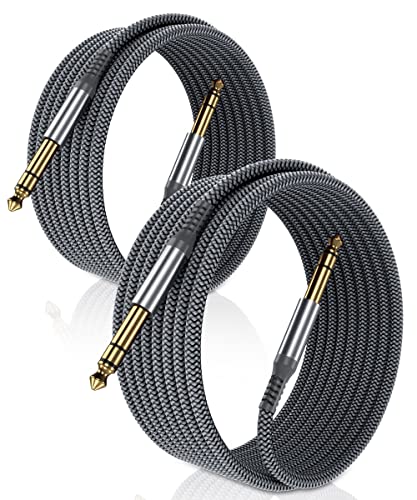 1/4 Inch TRS Instrument Cable 10ft 2-Pack,Right-Angled to Straight 6.35mm Male Jack Stereo Audio Cord,6.35 Balanced Interconnect Line for Electric Guitar,Bass,Keyboard,Mixer,Amplifier,Speaker