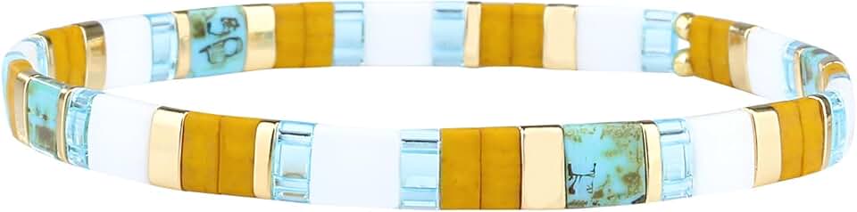 White and yellow Tila bead stretch bracelet for women