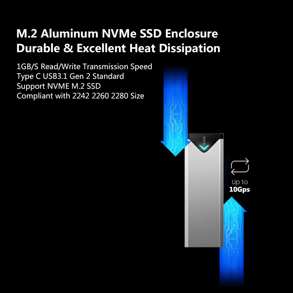 Aluminum M.2 NVME SSD Enclosure Adapter, USB 3.1/3.2 Gen 2 (10 Gbps) to NVME PCI-E M-Key Solid State Drive External Enclosure Support UASP Trim (Fits only NVMe PCIe 2242/2260/2280)