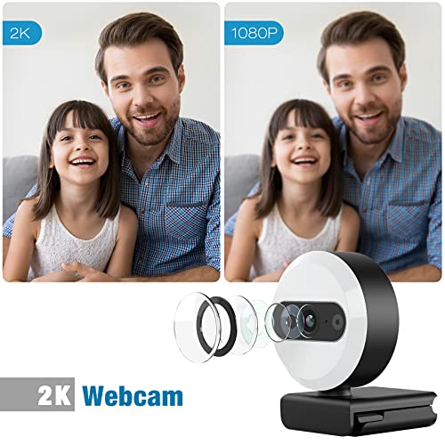 2K Webcam with Microphone, HD USB PC Camera Webcam with Ring Light & Privacy Cover,Plug & Play Streaming Computer Webcam with Tripod Stand for PC Video Conferencing Zoom Meeting Skype Desktop