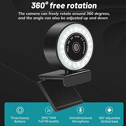 Webcam with Microphone 1080p Webcam Camera 2K HD 30fps USB Webcam with Ring Light Compatible with Multiple Computer Systems and Android Systems, Webcam Lighting (2K autofocus)