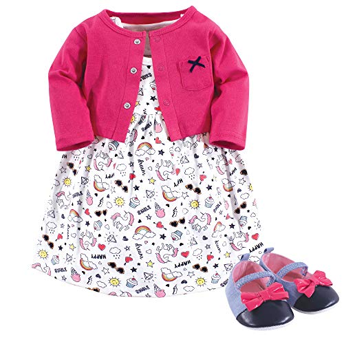 Baby Girls' Cotton Cardigan, Dress and Shoe, Happy Rainbow 3-piece Set, 0-3 Months US
