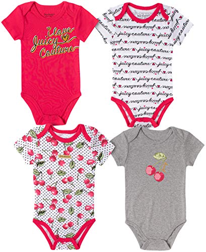 Baby Girls' 4 Pieces Pack Bodysuits, Cherry/Grey/Print, 0-3 Months