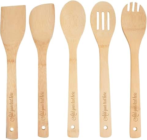 Custom Engraved Bamboo Cooking Spoon Set, 5 Pieces
