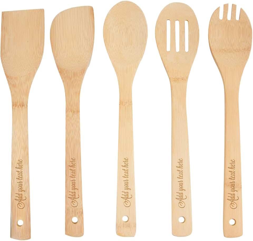 Custom Engraved Bamboo Cooking Spoon Set, 5 Pieces