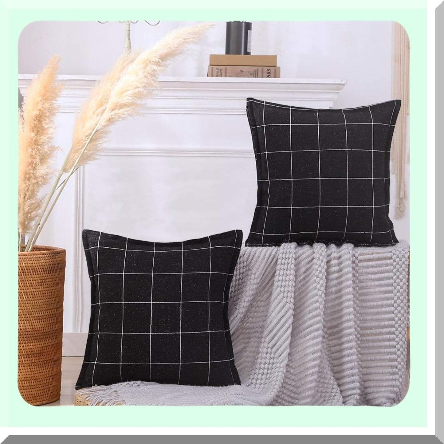 Monochrome Boho Checkered Pillow Covers - Set of 2 18x18, Farmhouse Decorative Linen Cushion Cases, Black & White Living Room Couch Bed Accessories