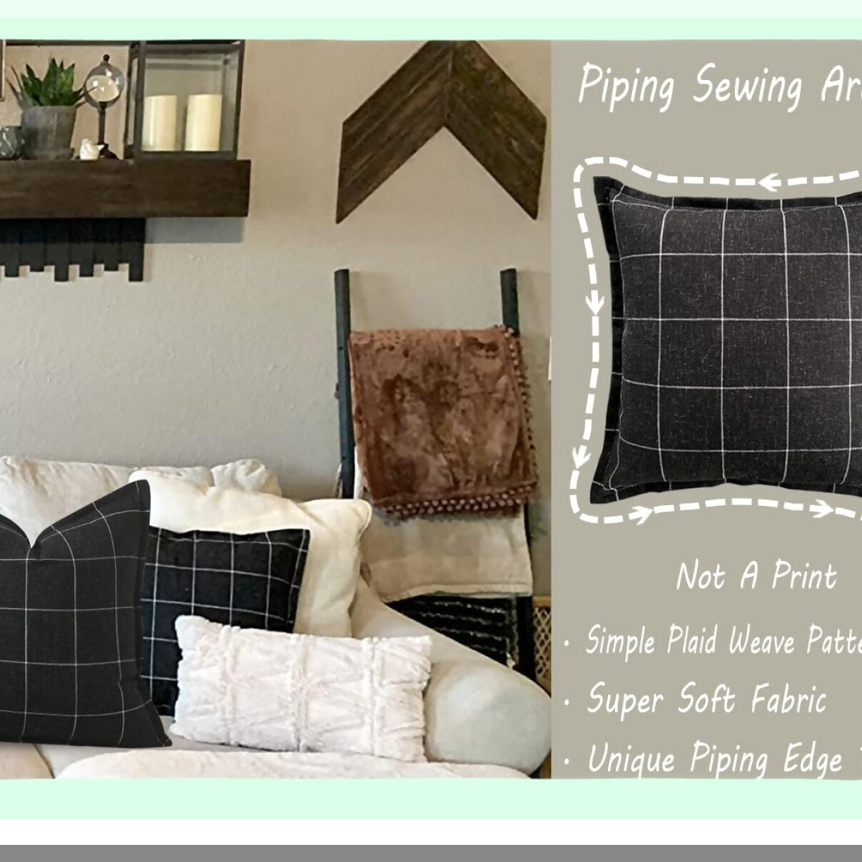 Monochrome Boho Checkered Pillow Covers - Set of 2 18x18, Farmhouse Decorative Linen Cushion Cases, Black & White Living Room Couch Bed Accessories