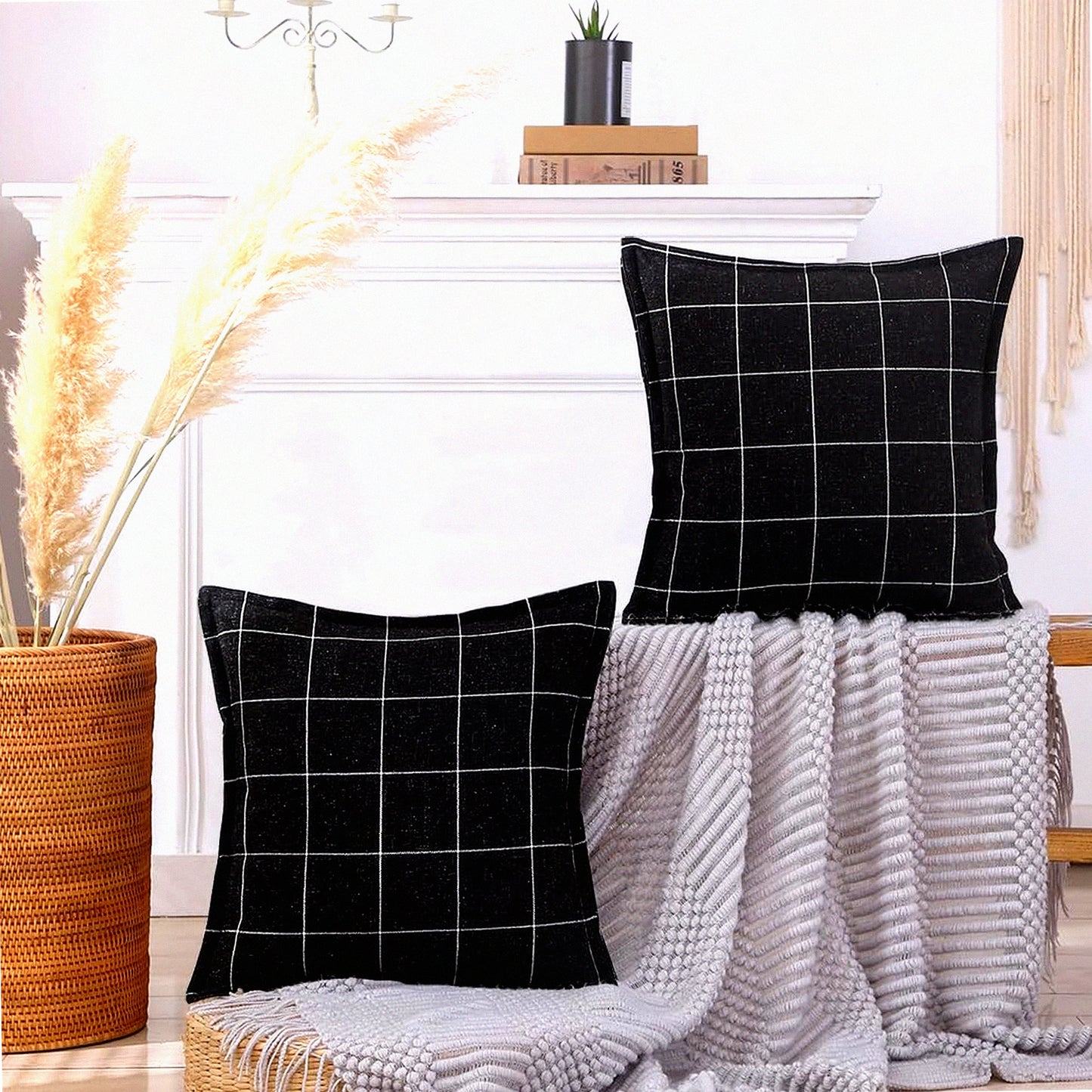 Monochrome Boho Checkered Pillow Covers - Set of 2 18x18, Farmhouse Decorative Linen Cushion Cases, Black & White Living Room Couch Bed Accessories