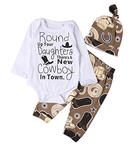 Baby Boys Funny Bodysuits with Leggings Caps 3pcs Outfit Clothes  3-6M, Brown