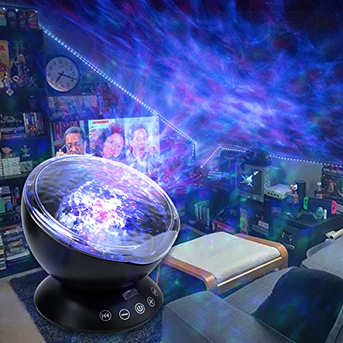 Ocean Wave Projector, 12LED 7Colors Night Light Ceiling Mood Lamp, Built-in Music Speaker for Kids Bedroom, Timer& remote control Sound Machine