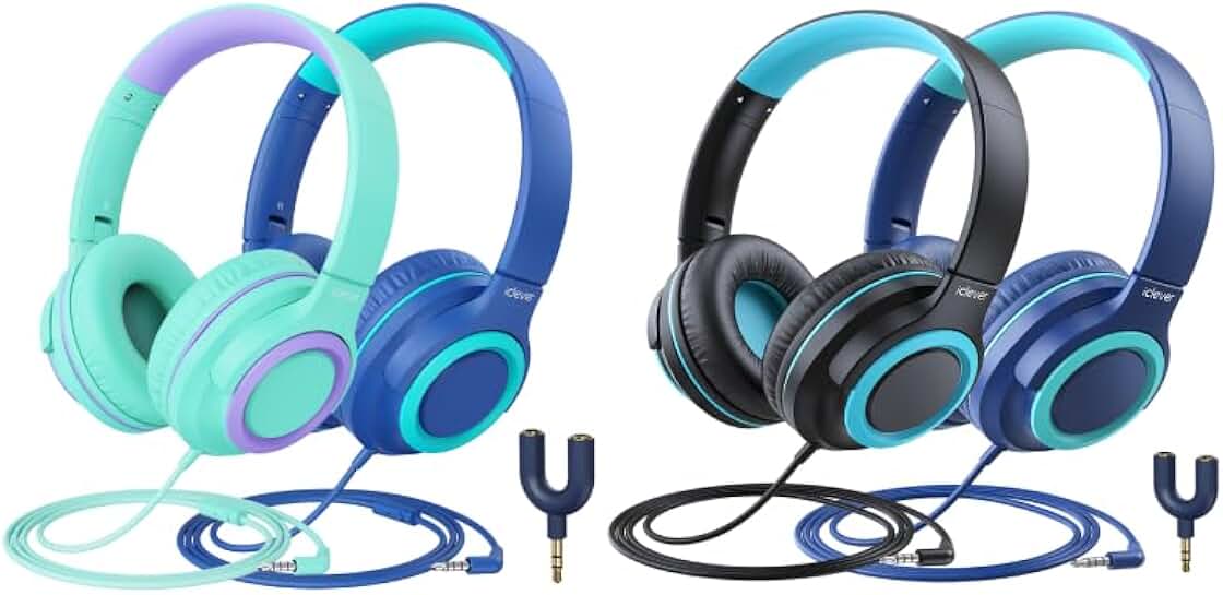 Kids headphones with splitter, tangle-free, foldable stereo
