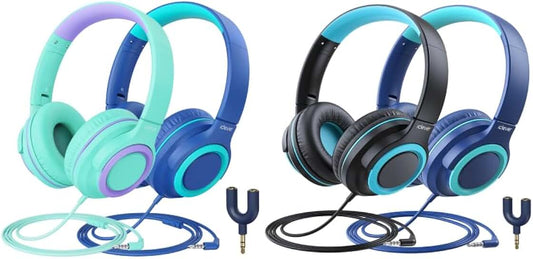 Kids headphones with splitter, tangle-free, foldable stereo