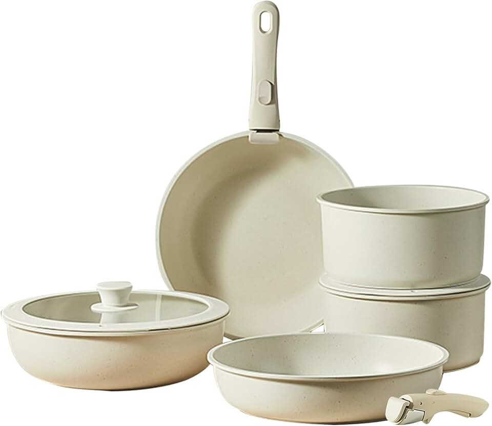 Cream White Ceramic Cookware Set with Detachable Handles