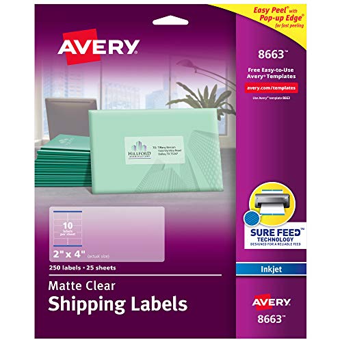 Printable Shipping Labels with Sure Feed, 2" x 4", Matte Clear, 250 Blank Mailing Labels (8663)