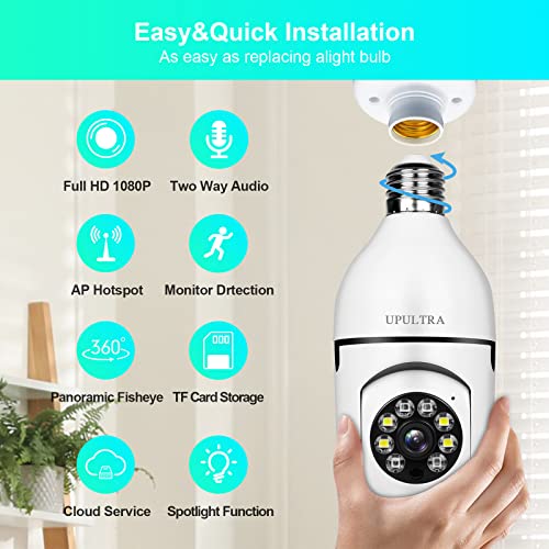 Light Bulb 1080P Security-Wireless Camera WiFi Smart for Home Surveillance Screw into The E27 Light Bulb Socket Spotlight Alarm Color Night Vision Two-Way Talk Motion Alarm PTZ 360 Degree(2packs