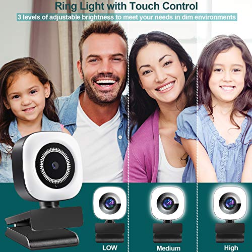 2021 New Upgraded 2K 1440P Streaming Webcam with Ring LightWebcam with Microphone for Desktopwith Flexible Rotable Wide Angle, Plug and Play, for Zoom Skype YouTube, PC Laptop Computer