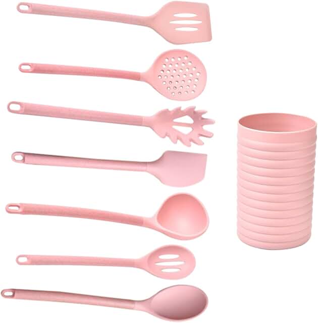 Pink Silicone Kitchen Utensil Set with Wooden Handles