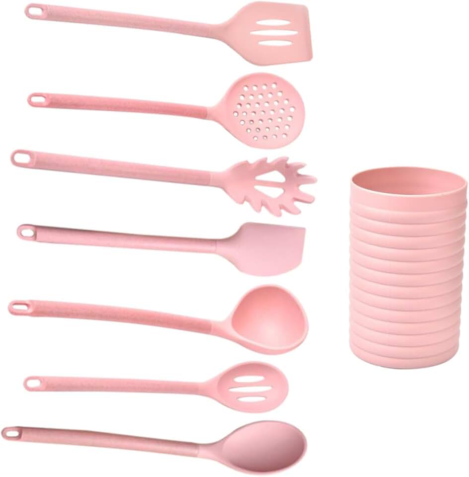 Pink Silicone Kitchen Utensil Set with Wooden Handles