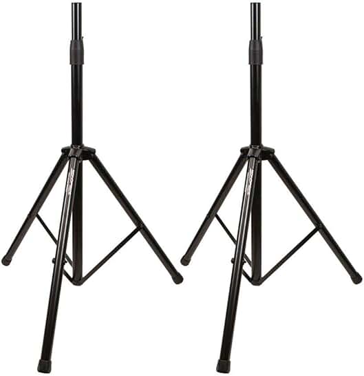 Pair of adjustable steel speaker stands, 41.5-74.5 inches