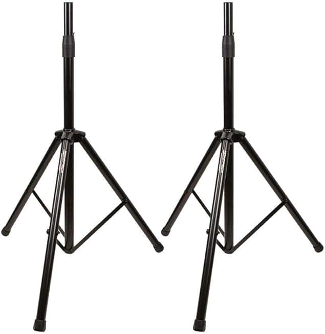 Pair of adjustable steel speaker stands, 41.5-74.5 inches