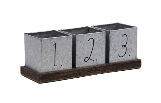 Decorative Galvanized Steel Pencil Cup with 3 Compartments
