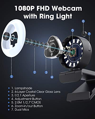 Streaming Webcam with Ring Light HD 1080P Web Cam Video PC USB Camera for Computer Mac Windows Laptop Conferencing Gaming Webcam for Xbox Dual Microphone Pro Auto-Focus