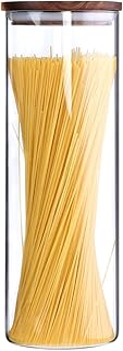 Tall borosilicate glass pasta storage jar with wooden lid