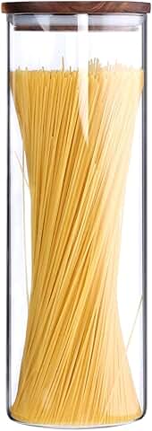 Tall borosilicate glass pasta storage jar with wooden lid