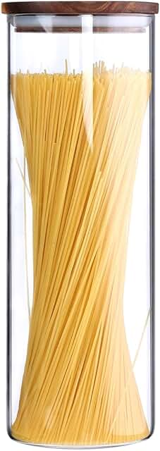 Tall borosilicate glass pasta storage jar with wooden lid