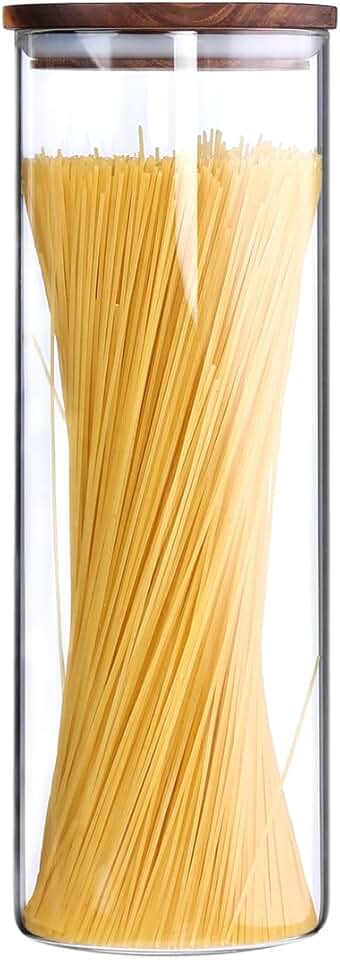 Tall borosilicate glass pasta storage jar with wooden lid