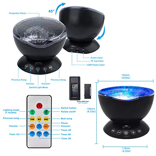 Ocean Wave Projector, 12LED 7Colors Night Light Ceiling Mood Lamp, Built-in Music Speaker for Kids Bedroom, Timer& remote control Sound Machine