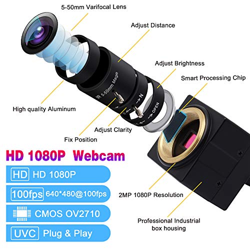 2MP Webcam 1080P HD USB Camera with Optical Zoom 5-50mm Varifocal Lens,High Speed 100fps USB Camera for Laptop,Streaming Computer USB Camera with CMOS OV2710 Sensor for Android Windows Mac