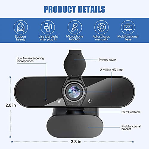 Webcam with Microphone, 1080P HD Streaming USB Computer Webcam with Privacy Cover,Plug and Play Game and More