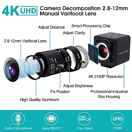 4K USB Camera Ultra HD 2160P Webcam,5X Optical Manual Wide Angle Webcam with 2.8-12mm Varifocal Lens,Sony IMX317 Sensor USB Zoom Video Conference Camera for Mac/Window/Linux/Raspberry Pi