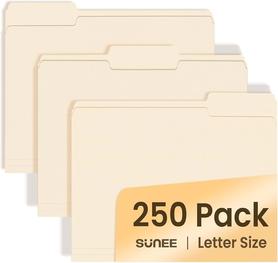 Manilla Folders Letter Size, 250 Pack, 1/3 Cut Tabs